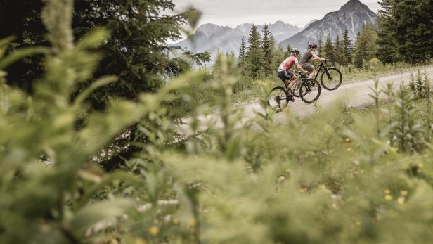 Zwei Mountainbiker fahren eine Bergstraße in Imst hinauf, Wald und Wiese im Vordergrund, Berggipfel im Hintergrund
